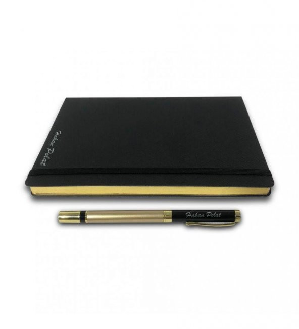 Kişiye Özel Siyah VIP Hediyelik Set - 15x21 Yaldız Kenar Not Defteri - Metal Roller Kalem HK2064 - 6
