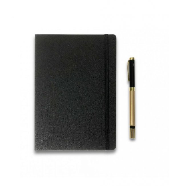 Siyah VIP Hediyelik Set - 15x21 Yaldız Kenar Not Defteri - Metal Roller Kalem HK2063 - 4