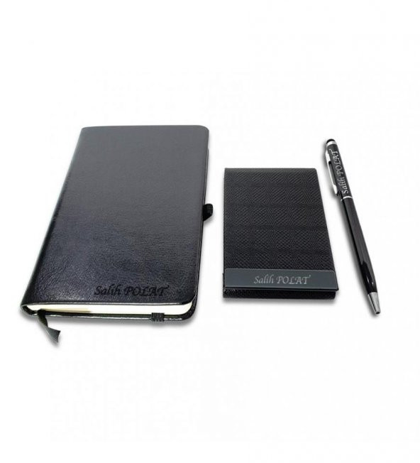 Kişiye Özel Siyah VIP Hediyelik Set - 9x14 Not Defteri - Touch Pen Tükenmez Kalem - Kartvizitlik HK2062 - 2
