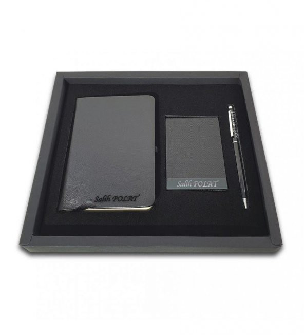 Kişiye Özel Siyah VIP Hediyelik Set - 9x14 Not Defteri - Touch Pen Tükenmez Kalem - Kartvizitlik HK2062 - 3
