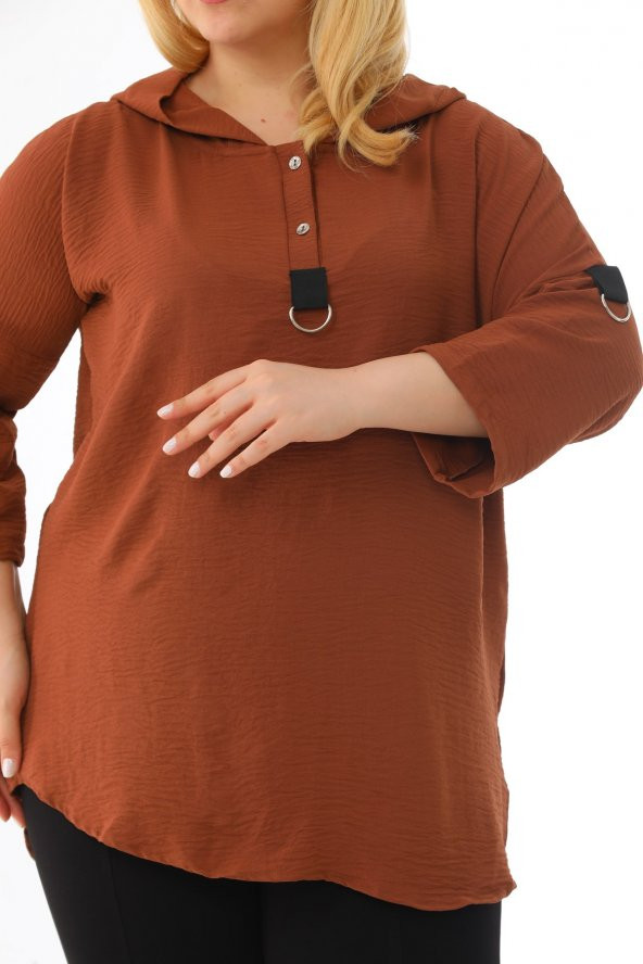 Kadın Büyük Beden Kapüşonlu Ayrobin Yarım Kollu Bluz - 3