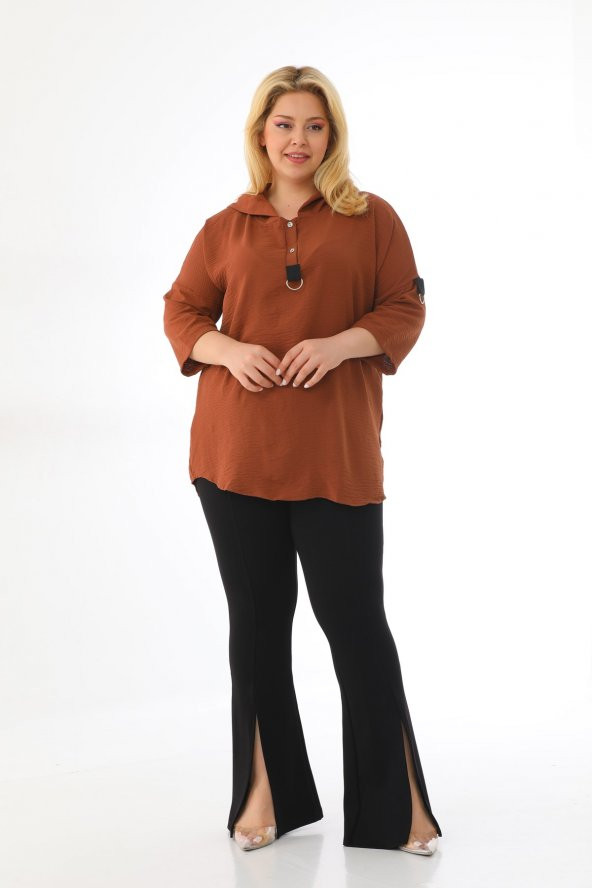Kadın Büyük Beden Kapüşonlu Ayrobin Yarım Kollu Bluz - 4