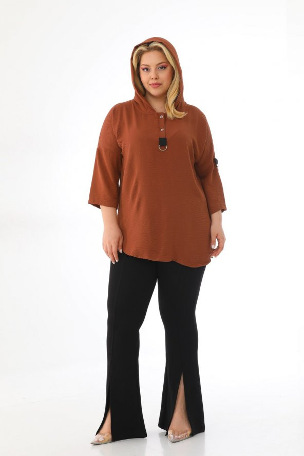 Kadın Büyük Beden Kapüşonlu Ayrobin Yarım Kollu Bluz - 5