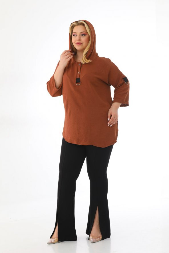 Kadın Büyük Beden Kapüşonlu Ayrobin Yarım Kollu Bluz - 6