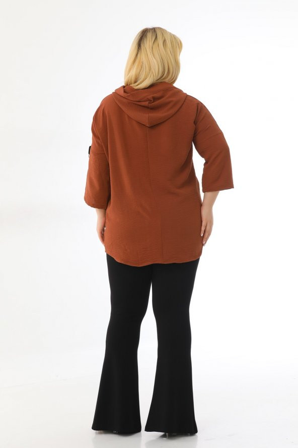 Kadın Büyük Beden Kapüşonlu Ayrobin Yarım Kollu Bluz - 7
