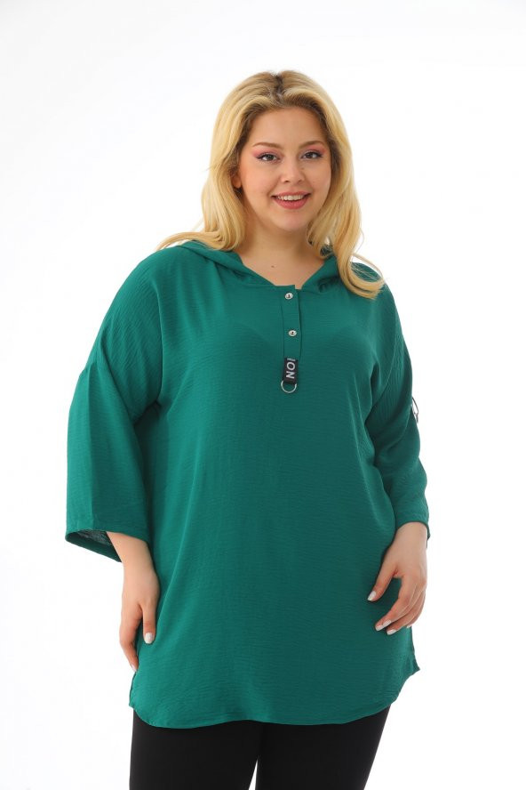 Kadın Büyük Beden Kapüşonlu Ayrobin Yarım Kollu Bluz - 8