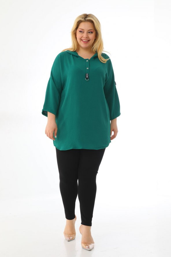 Kadın Büyük Beden Kapüşonlu Ayrobin Yarım Kollu Bluz - 9