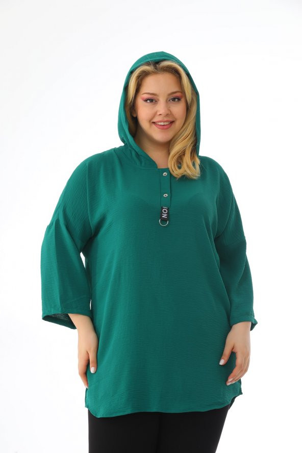Kadın Büyük Beden Kapüşonlu Ayrobin Yarım Kollu Bluz - 10