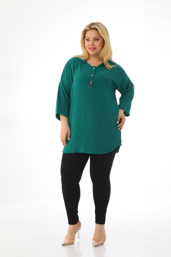 Kadın Büyük Beden Kapüşonlu Ayrobin Yarım Kollu Bluz - 12