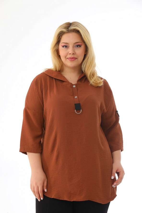 Kadın Büyük Beden Kapüşonlu Ayrobin Yarım Kollu Bluz - 2