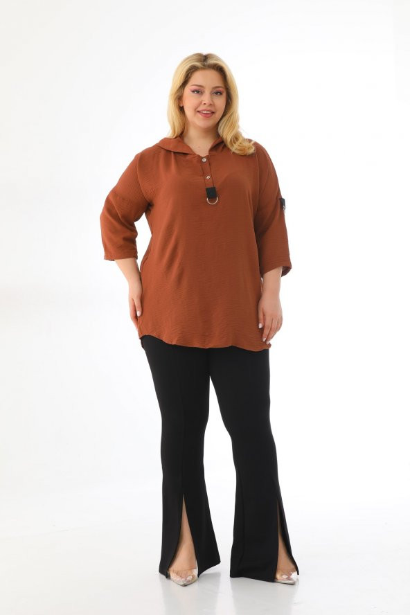 Kadın Büyük Beden Kapüşonlu Ayrobin Yarım Kollu Bluz