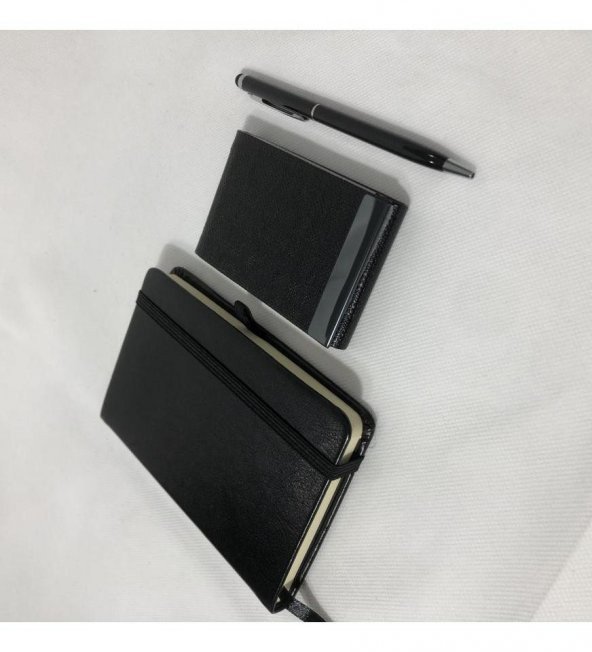 Siyah VIP Hediyelik Set - 9x14 Not Defteri - Touch Pen Tükenmez Kalem - Kartvizitlik HK2061 - 3