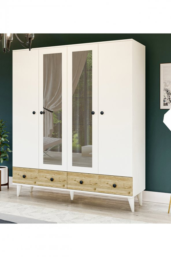 Metalia Gm 417 4 Kapılı 2 Çekmeceli Düğme Kulplu  Aynalı Beyaz-Atlantik Çam Gardırop - 2