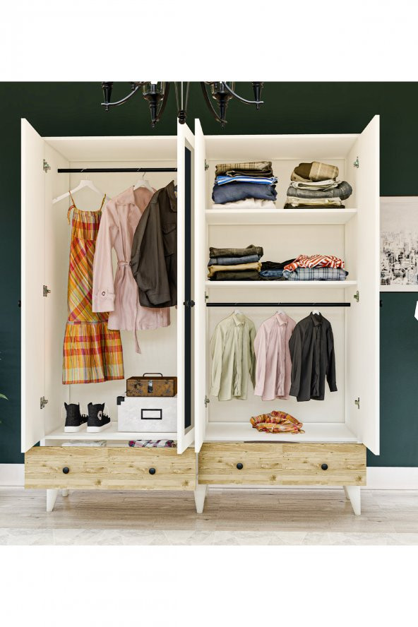 Metalia Gm 417 4 Kapılı 2 Çekmeceli Düğme Kulplu  Aynalı Beyaz-Atlantik Çam Gardırop - 3