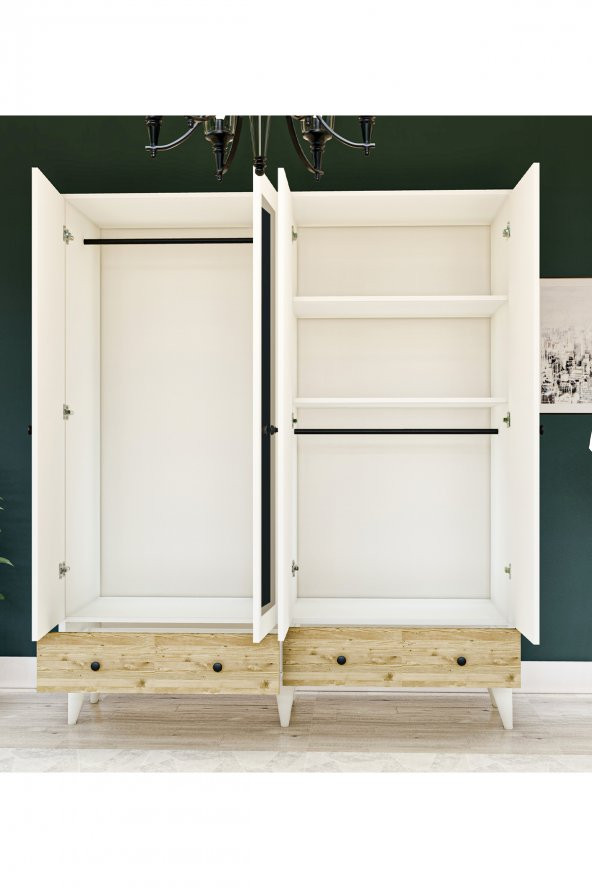 Metalia Gm 417 4 Kapılı 2 Çekmeceli Düğme Kulplu  Aynalı Beyaz-Atlantik Çam Gardırop - 4