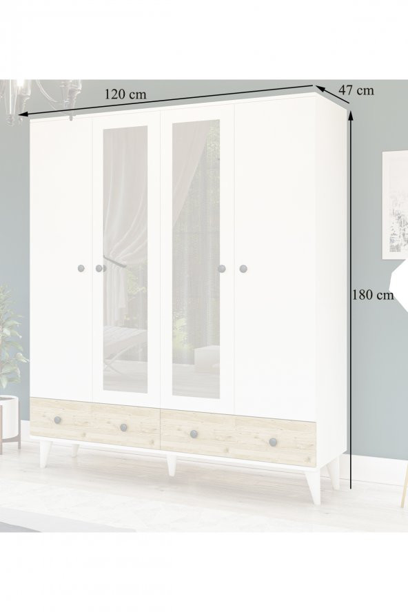 Metalia Gm 417 4 Kapılı 2 Çekmeceli Düğme Kulplu  Aynalı Beyaz-Atlantik Çam Gardırop - 5