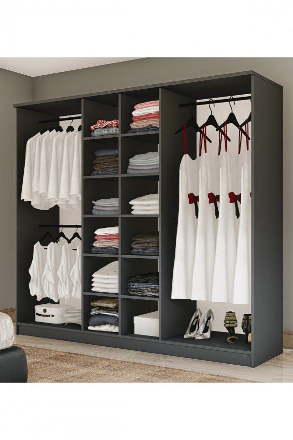 Metalia Gm 088  6 Kapılı Aynalı  Sonomo - Antrasit Gri  Siyah Kulplu Gardırop - 4
