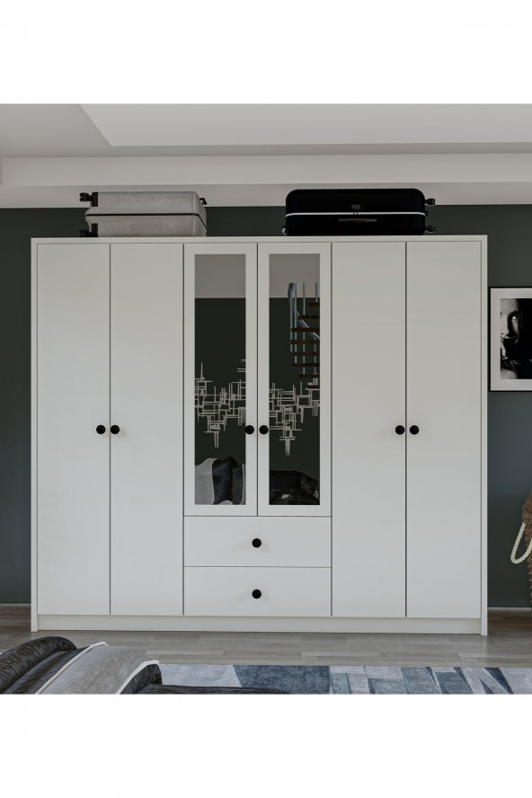 Metalia Gm 036 Lüx  6 Kapı 2 Çekmeceli Düğme Kulplu Aynalı Gardırop - 2