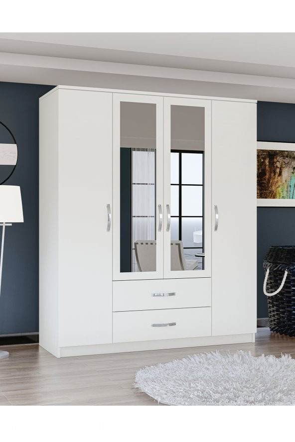 Metalia Gm0035 Esil 4 Kapılı 2 Çekmeceli Aynalı GarDolap Beyaz