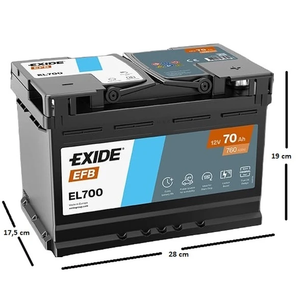 EXIDE 70 Ah EFB Start Stop 760 A(EN) Akü 2025 Üretim - 2