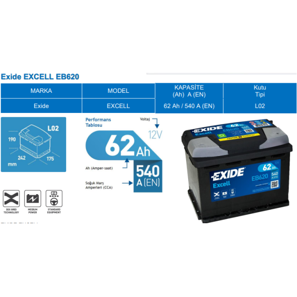 Exide 12V 62 Ah 540Cca EB620 Excell 60 Ah Kutusu - 2