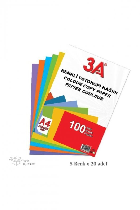 3A Renkli A4 Kağıdı 5 Renk 100lü Paket