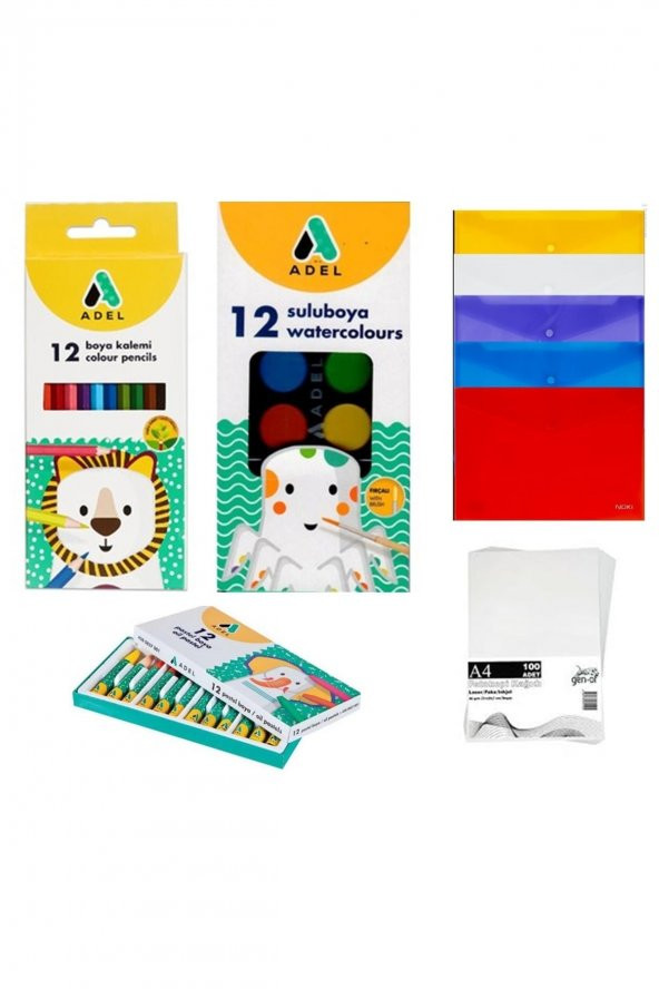 Adel 3 Lü Boyama Seti(kuru+sulu+pastel)100 Lü Fotokopi Kağıdı+dosya Seti