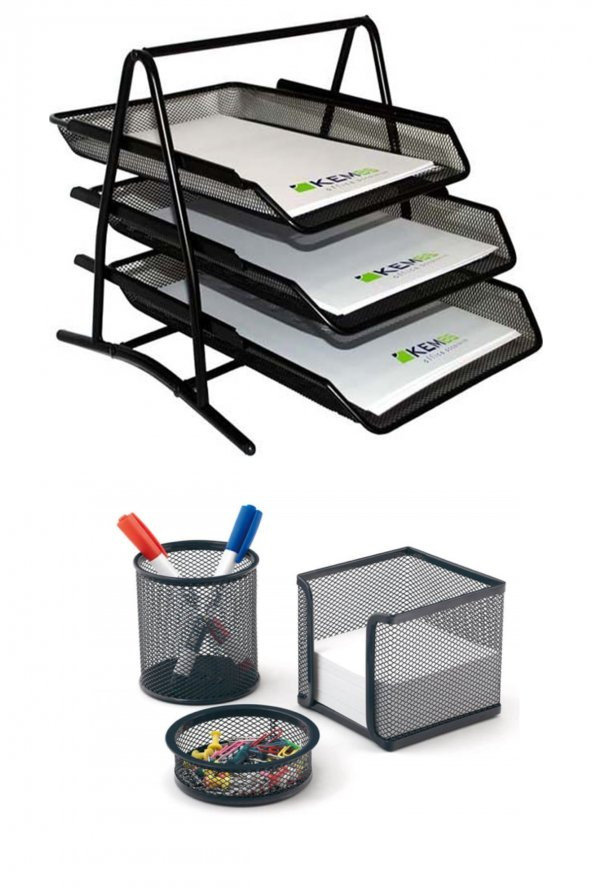 Temat A4 Evrak Rafı Metal Üçlü Perfore 3lü Set (kalemlik, Ataşlık)
