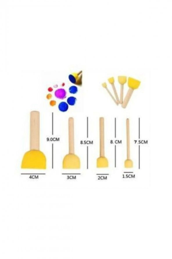 Sünger Fırça, Tampon Fırça Seti, 4`lü, Ponpon Fırça, Ahşap Saplı - 2