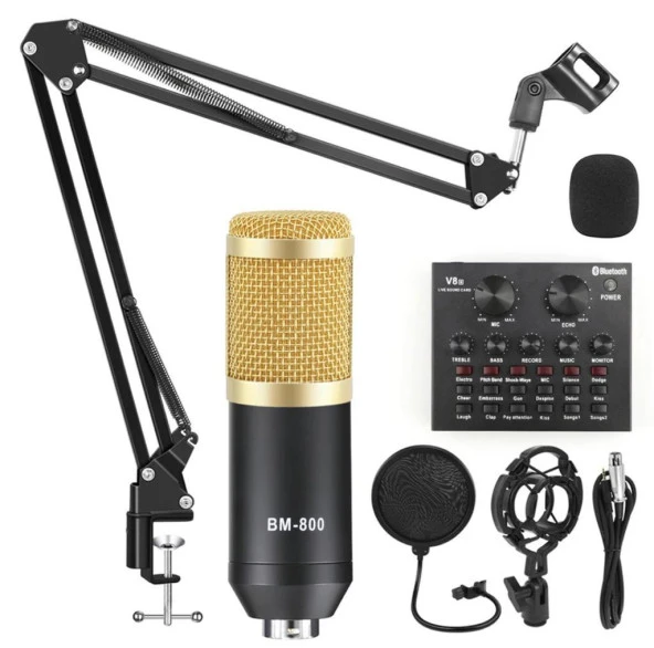 BM800 Live Ses Efektli Ses Kartlı Mikrofon Profesyonel Stüdyo Kayıt Kiti Canlı Yayın Seti Bilgisayar Ve Telefon Uyumlu