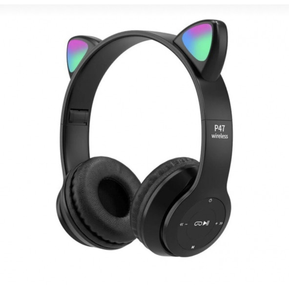 P47M Bluetooth 5.0 Led Işıklı Kedi Tasarımlı Katlanabilir Kulak Üstü Kulaklık