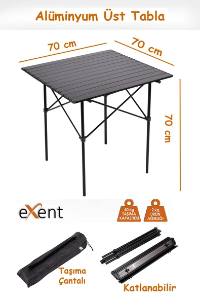 Exent Taşıma çantalı çok Hafif tamamı Alüminyum kamp, piknik, plaj, bahçe, balkon masası -70x70x70 ürün görseli