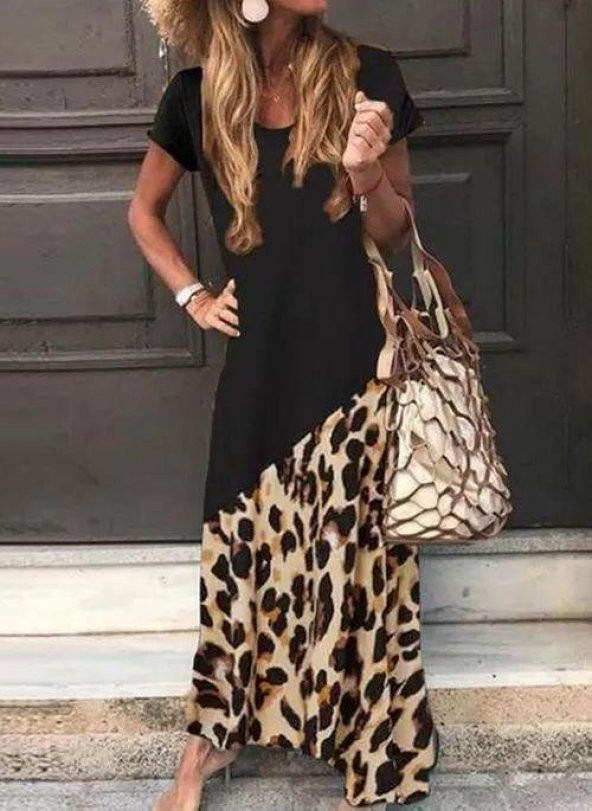 Kadın Kısa Kollu Leopar Detay Maxi Boy Elbise