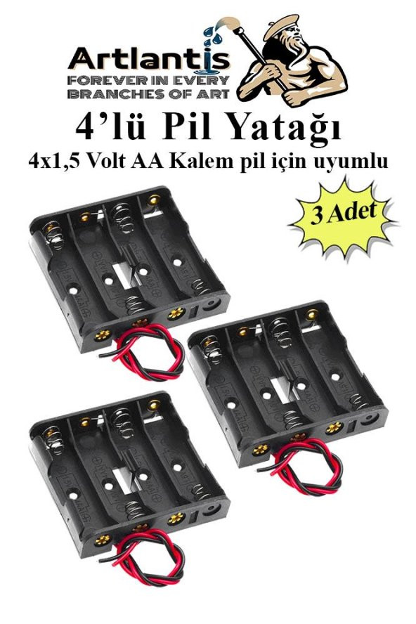 4 Lü Pil Yatağı Deney 3 Adet Pil Yuvası Pil Kutusu Aa Kalem Kalın Pil 4x1,5 Volt Yaylı Pil Yuvası