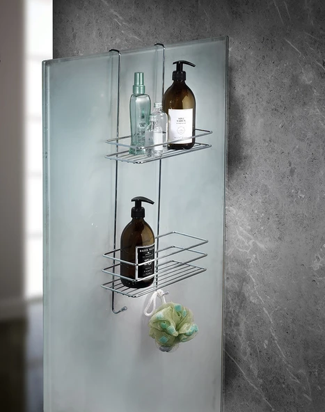2 Katlı Askılı Banyo Duş Rafı Sabunluk Şampuanlık Duşakabin Askısı Krom ürün görseli