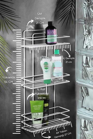 Ömür Boyu Paslanmaz Yapışkanlı Düz Banyo Düzenleyici Şampuanlık Duş Rafı Beyaz TŞ-03 - Resim 2