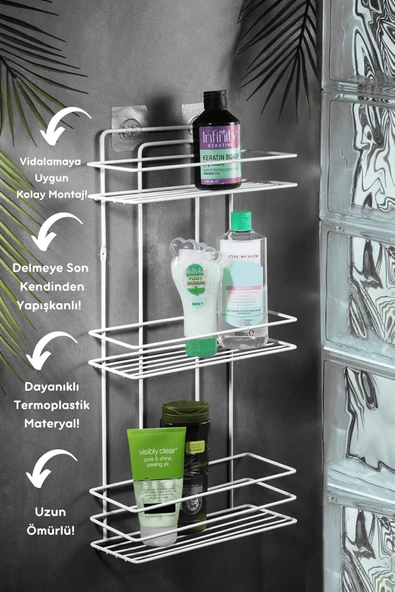 Ömür Boyu Paslanmaz Yapışkanlı Düz Banyo Düzenleyici Şampuanlık Duş Rafı Beyaz TŞ-03 - Resim 3