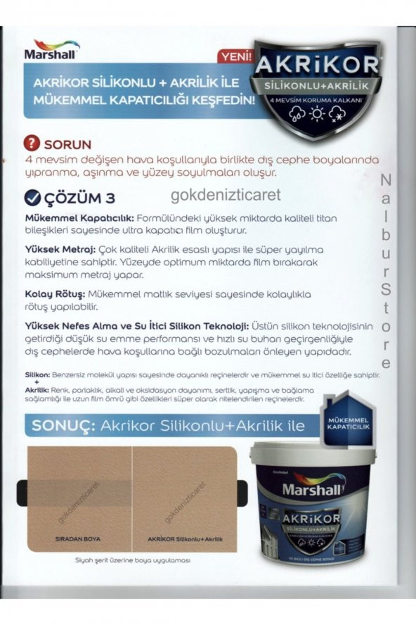 Marshall Akrikor Silikonlu Akrilik Dış Cephe Boyası 2.5lt/3.5kg-tüm Renkler 4 Mevsim Koruma Sağlar - 2