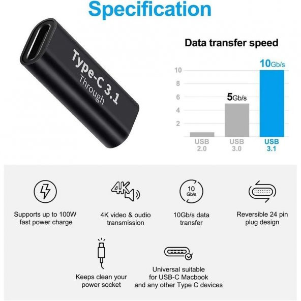 Type C Usb 3.1 Dişi Dişi Çevirici Dönüştürücü Adaptör - 3