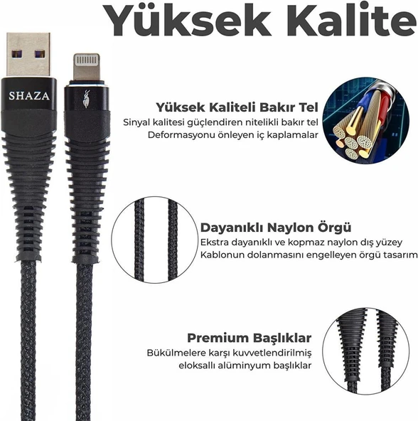 Shaza Apple iPhone Lightning 5A 100 W Örgülü Hızlı Şarj ve Data Kablosu 1 Metre - Resim 3