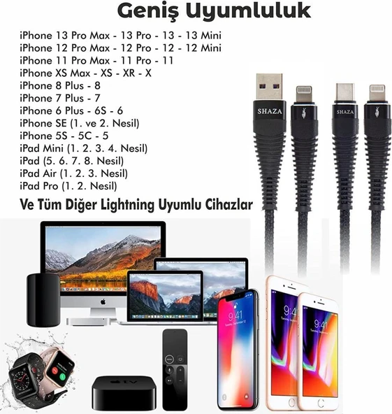 Shaza Apple iPhone Lightning 5A 100 W Örgülü Hızlı Şarj ve Data Kablosu 1 Metre - Resim 2