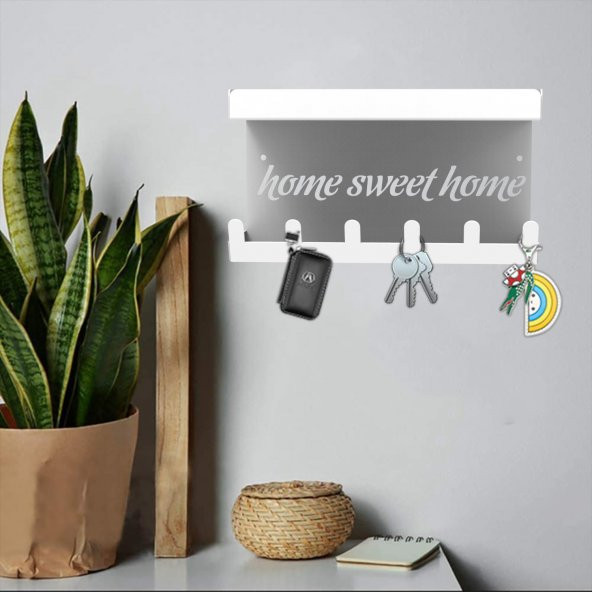 Raflı Anahtarlık, Anahtar Askıkı , Antre ve Hol Kapı Giriş Organizer Notluk Çekiceklik (Home Sweet Home) Model BEYAZ - 3