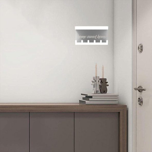 Raflı Anahtarlık, Anahtar Askıkı , Antre ve Hol Kapı Giriş Organizer Notluk Çekiceklik (Home Sweet Home) Model BEYAZ - 6