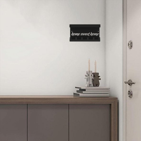 Raflı Anahtarlık, Anahtar Askıkı , Antre ve Hol Kapı Giriş Organizer Notluk Çekiceklik (Home Sweet Home) Model SİYAH - 6