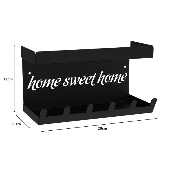 Raflı Anahtarlık, Anahtar Askıkı , Antre ve Hol Kapı Giriş Organizer Notluk Çekiceklik (Home Sweet Home) Model SİYAH