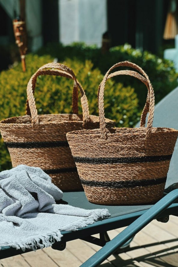Orta Boy 100 Natural Bodrum Siyah Hasır Şeritli Plaj ve Pazar Çantası - 2