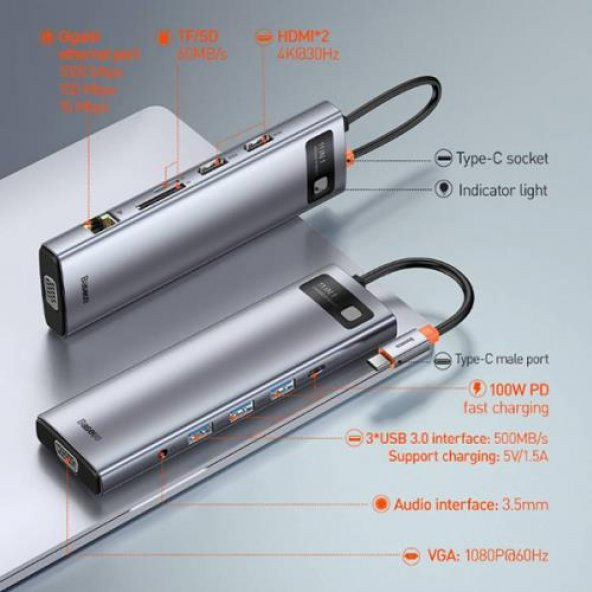 Baseus 100W Type-C HUB Adaptör 11in1 Type-C Dönüştürücü RJ45 VGA HDMI 4K SD 3*USB 3.0 3.5mm Type-C Dönüştürücü - 3