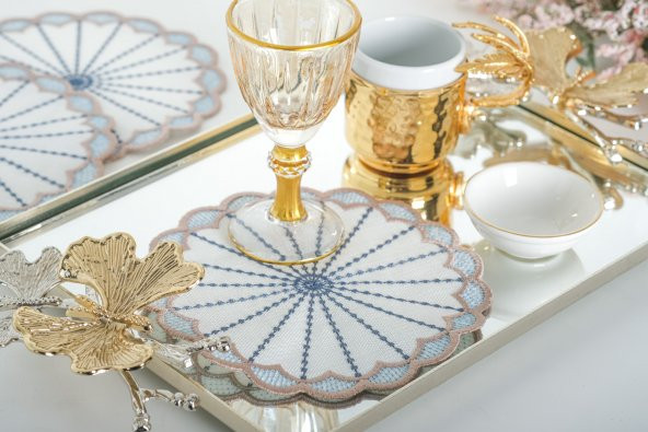 Finezza Mila Nakışlı Krem Mavi Kokteyl Peçetesi 15x15 cm 4 Ad-1482 - 2