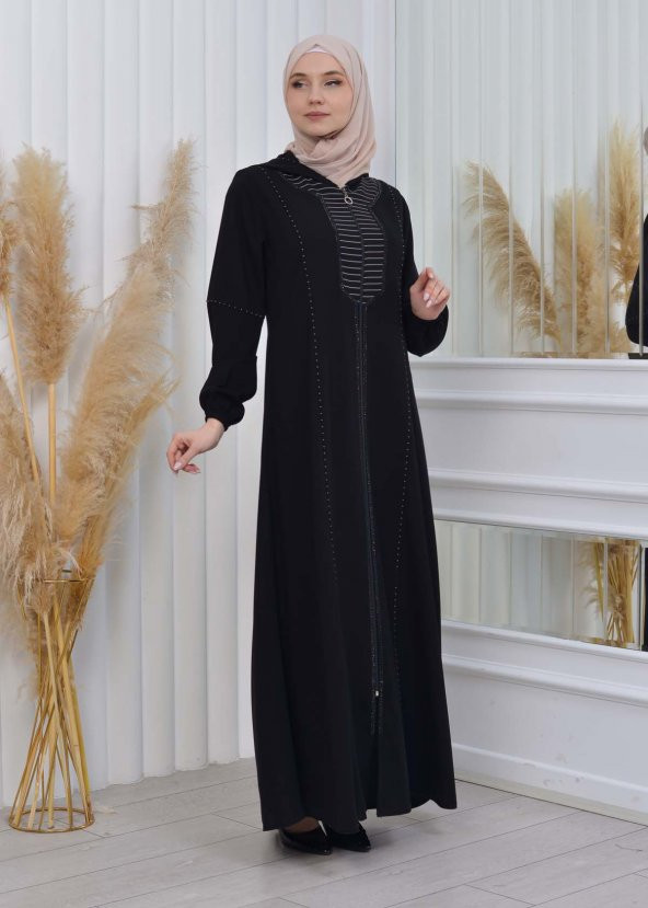 moda mix Elmas Lazer Paskılı Kapüşonlu Lastikli Kollu Fermualı Yazlık Ferace 608 - 3