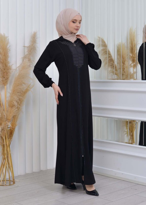 moda mix Elmas Lazer Paskılı Kapüşonlu Lastikli Kollu Fermualı Yazlık Ferace 608 - 4